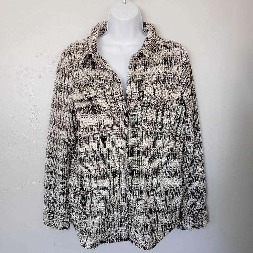 BB Dakota Steve Madden Women's Small Black White Tan Tweed Plaid Jacket Button